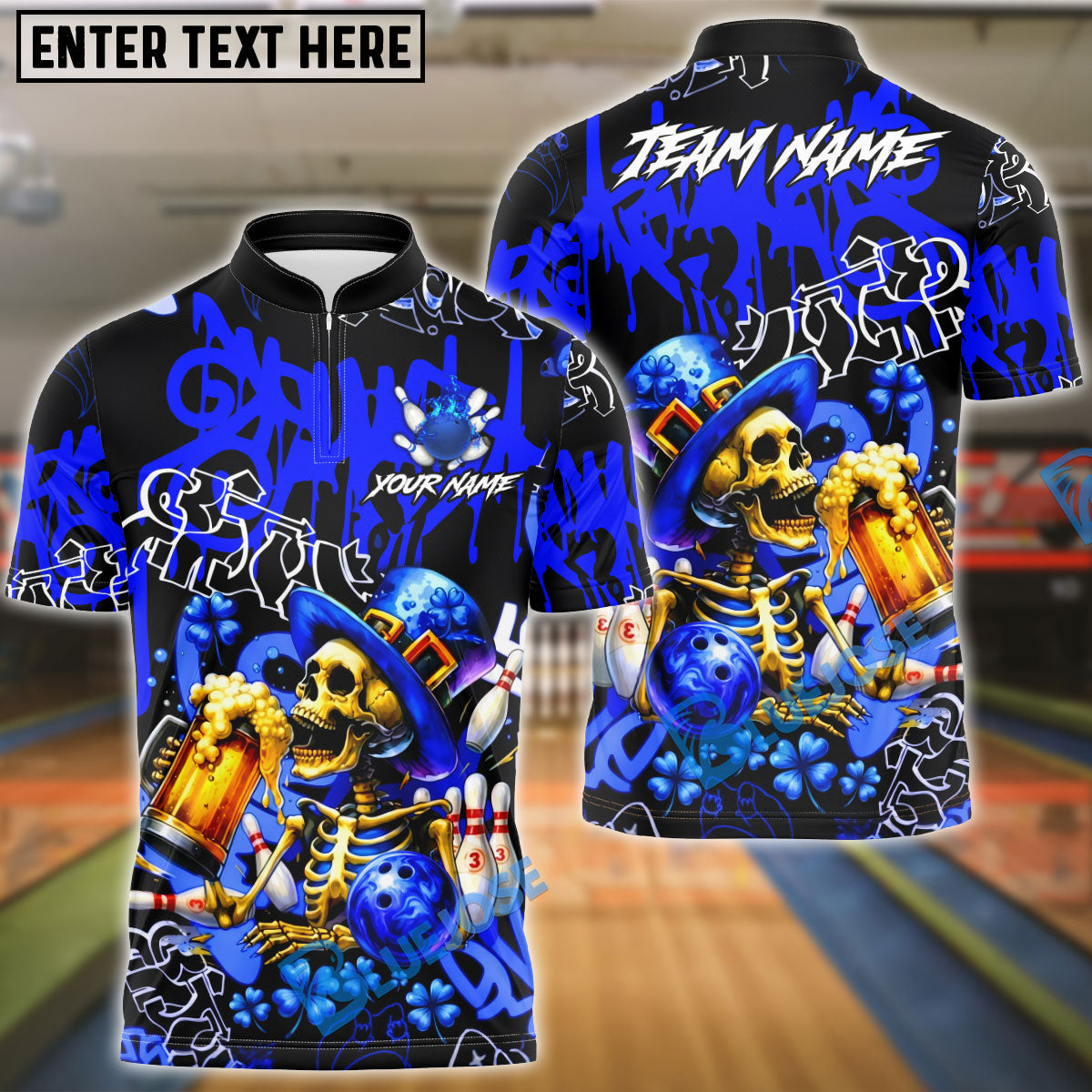 BlueJose Bowling & Pins Irish St Patrick Day Skeleton Beer Party Customized Name, Team Name 3D Shirt (4 Colors)