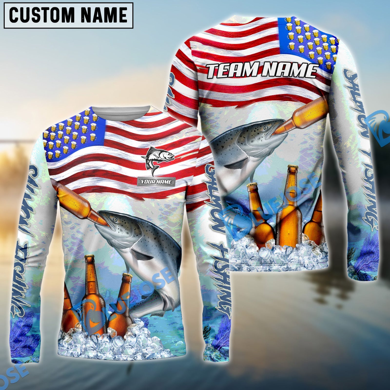 Bluejose Salmon Fishing American Flag Beer Custom Name & Team Name 3D Shirts