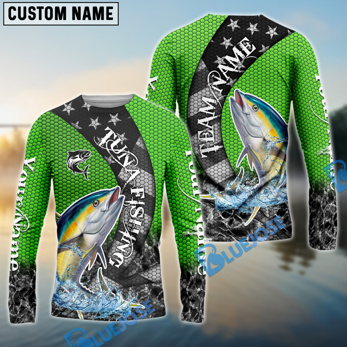 Bluejose Tuna Fishing American Flag Green Stars Custom Name &amp; Team Name 3D Shirts