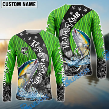 Bluejose Tuna Fishing American Flag Green Stars Custom Name & Team Name 3D Shirts