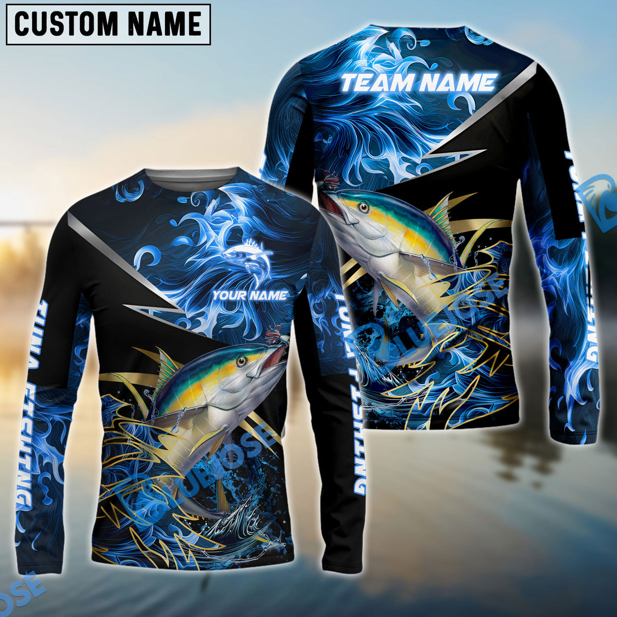 Bluejose Tuna Fishing Blue Flame Premium Golden &amp; Silver Line Pattern Custom Name &amp; Team Name 3D Shirts