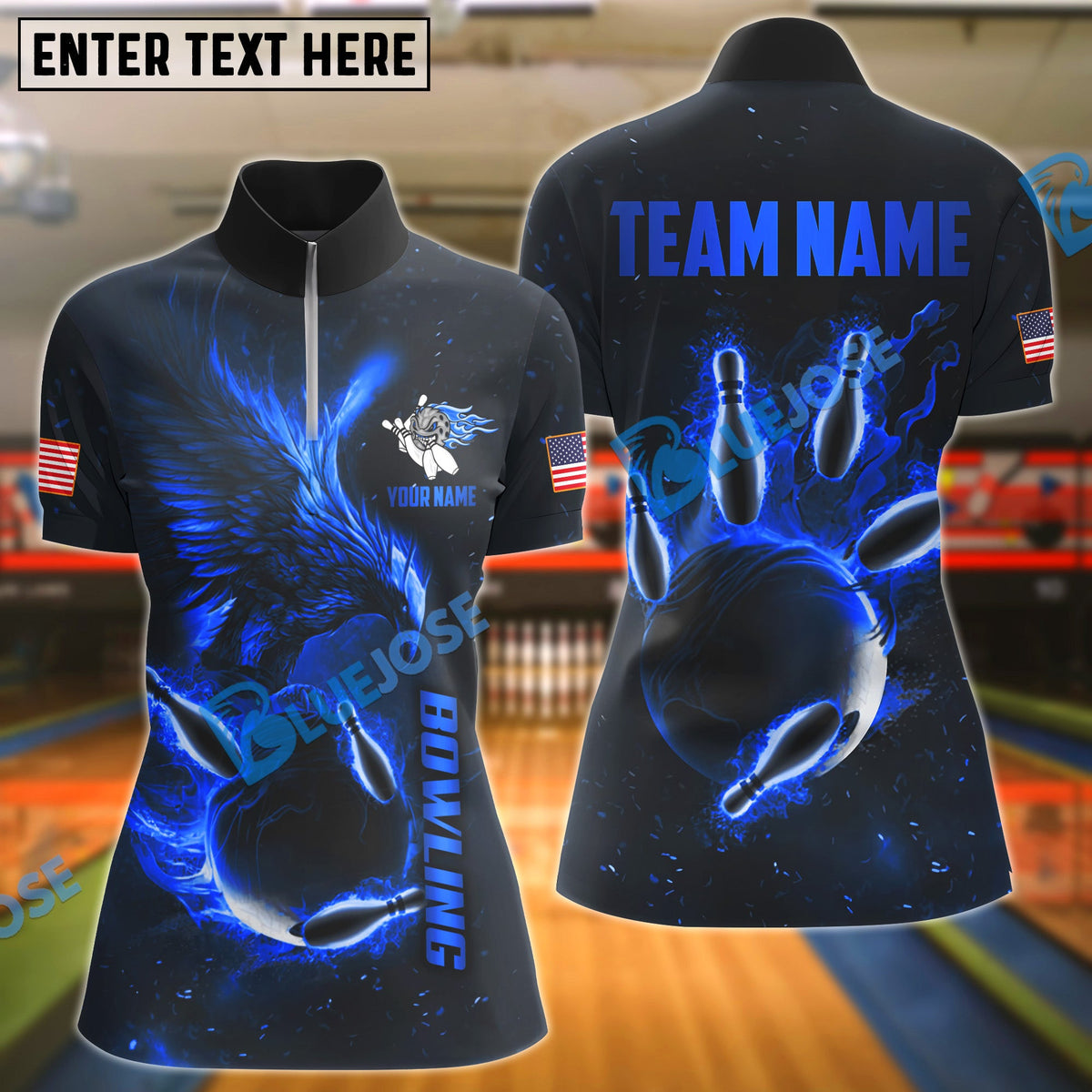 BlueJose Bowling And Pins Flame Phoenix American Flag Customized Name 3D Shirt (4 Colors)