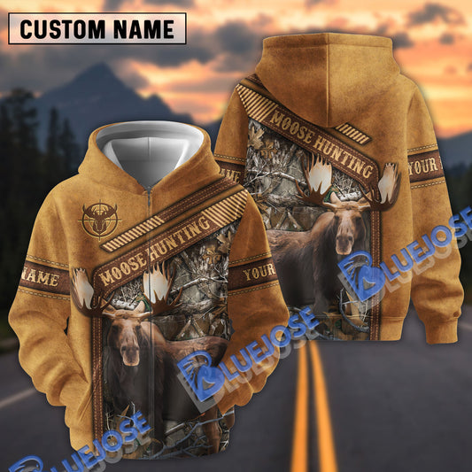 BlueJose Customized Name Moose Hunting Leather Pattern  3D Shirt