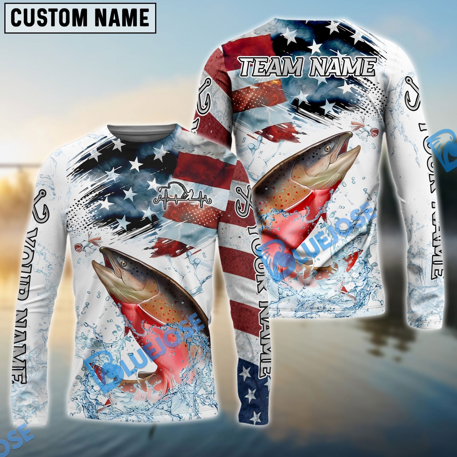 Bluejose Salmon Fishing Patriotic Water Splash Theme Custom Name & Team Name 3D Shirts