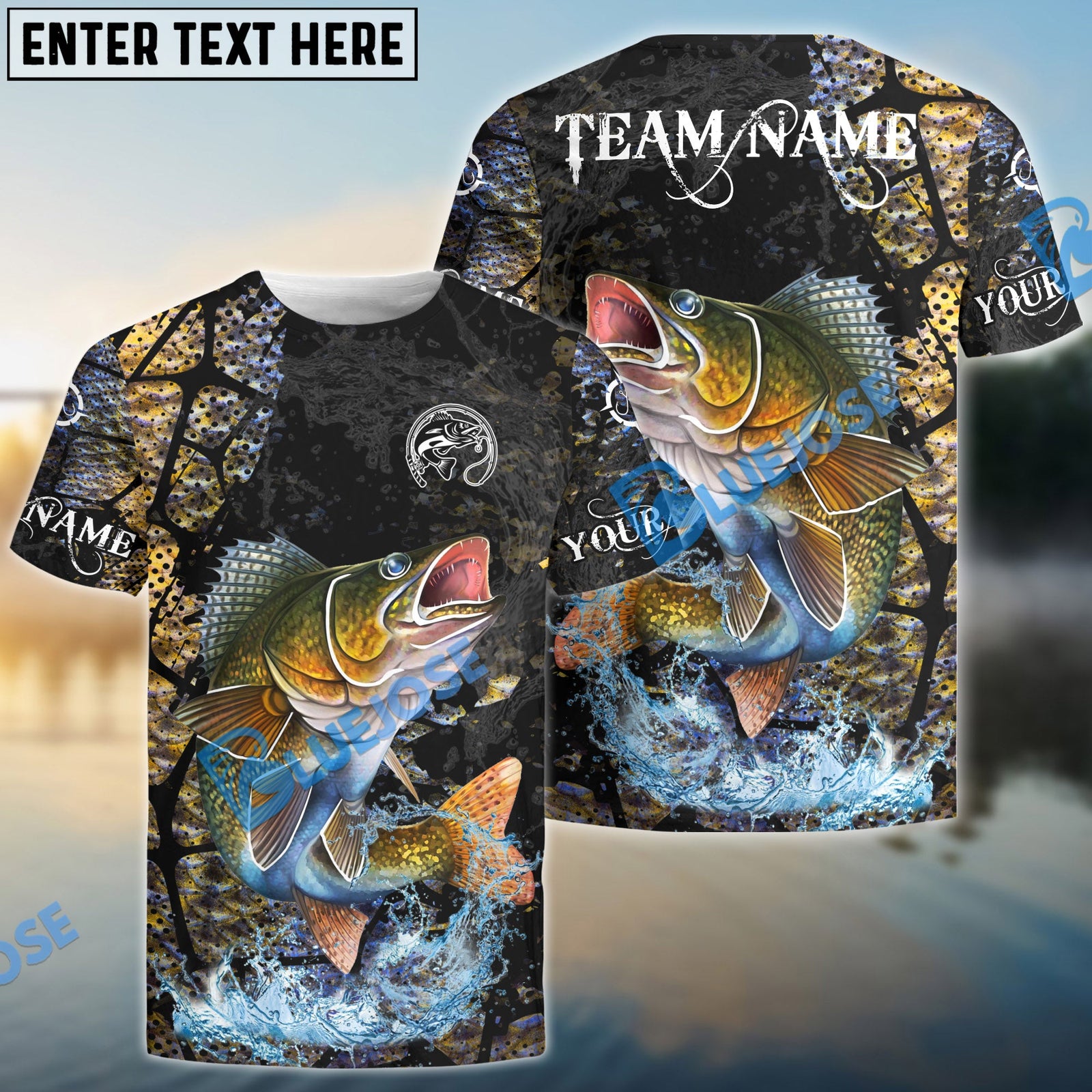 Bluejose Walleye Fishing Dark Water Art Style Custom Name & Team Name 3D Shirts