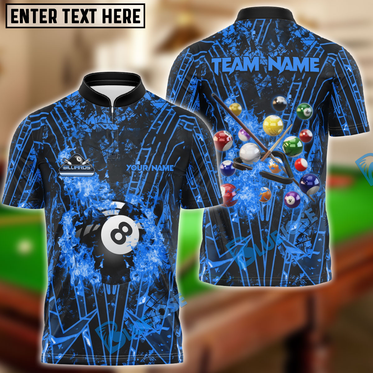 BlueJose Billiards Ball 8 Grunge Line Personalized Name, Team Name Shirt (6 Colors)