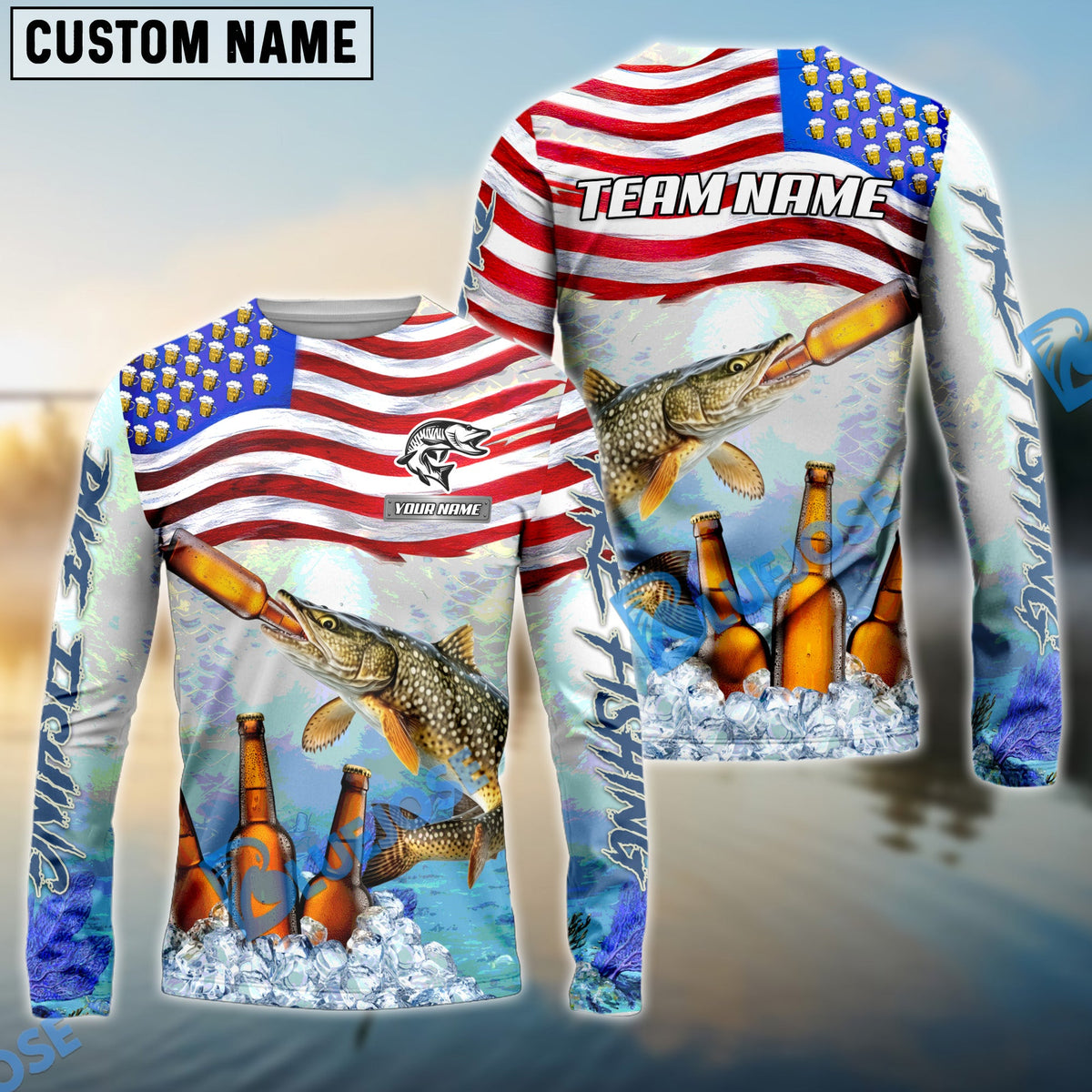 Bluejose Pike Fishing American Flag Beer Custom Name &amp; Team Name 3D Shirts