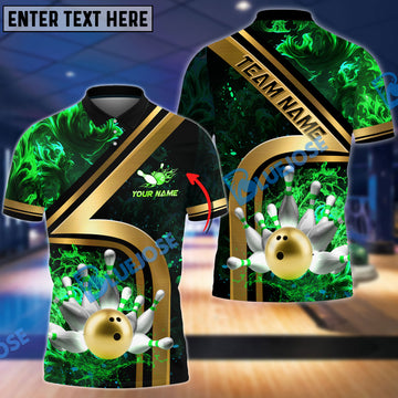 BlueJose Green Bowling And Pins Water And Flame Customized Name 3D Shirt