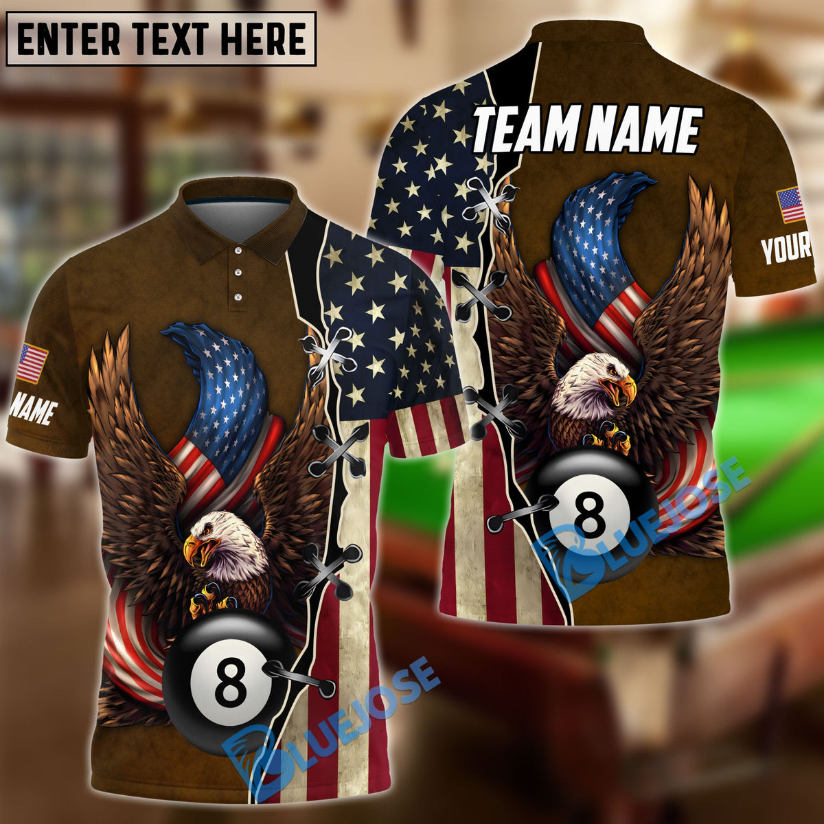 BlueJose Billiards 8 Ball American Eagle Flag Crack Personalized Name, Team Name Shirt (4 Colors)