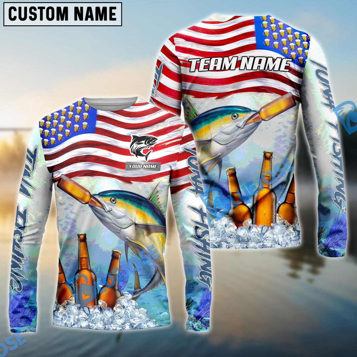Bluejose Tuna Fishing American Flag Beer Custom Name &amp; Team Name 3D Shirts