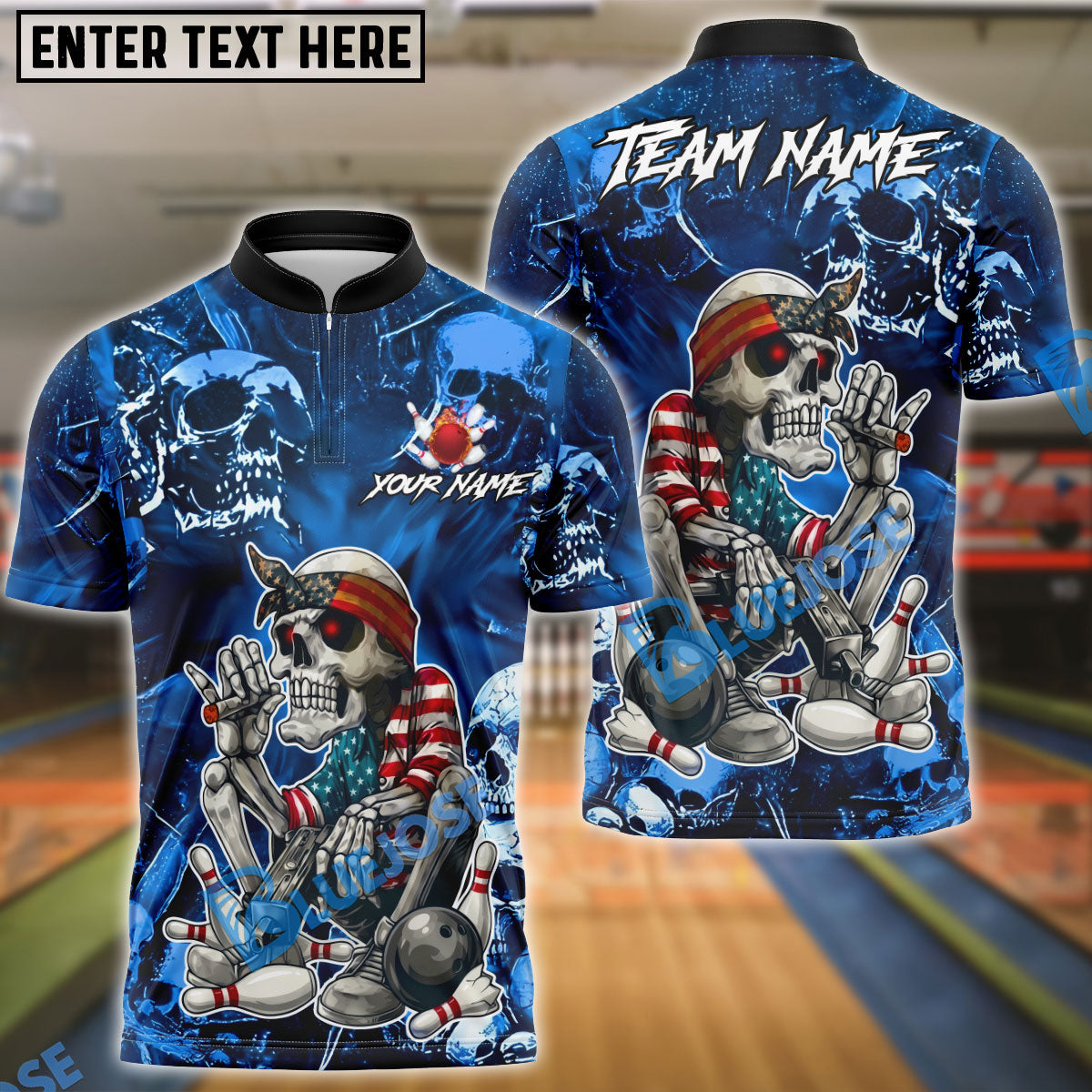 BlueJose Bowling & Pins American Patriot Skeleton Cigar Art Customized Name, Team Name 3D Shirt (4 Colors)