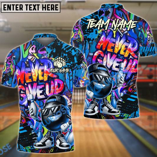 BlueJose Bowling And Pins Funny Never Give Up Graffiti Pattern Customized Name, Team Name 3D Shirt (4 Colors)