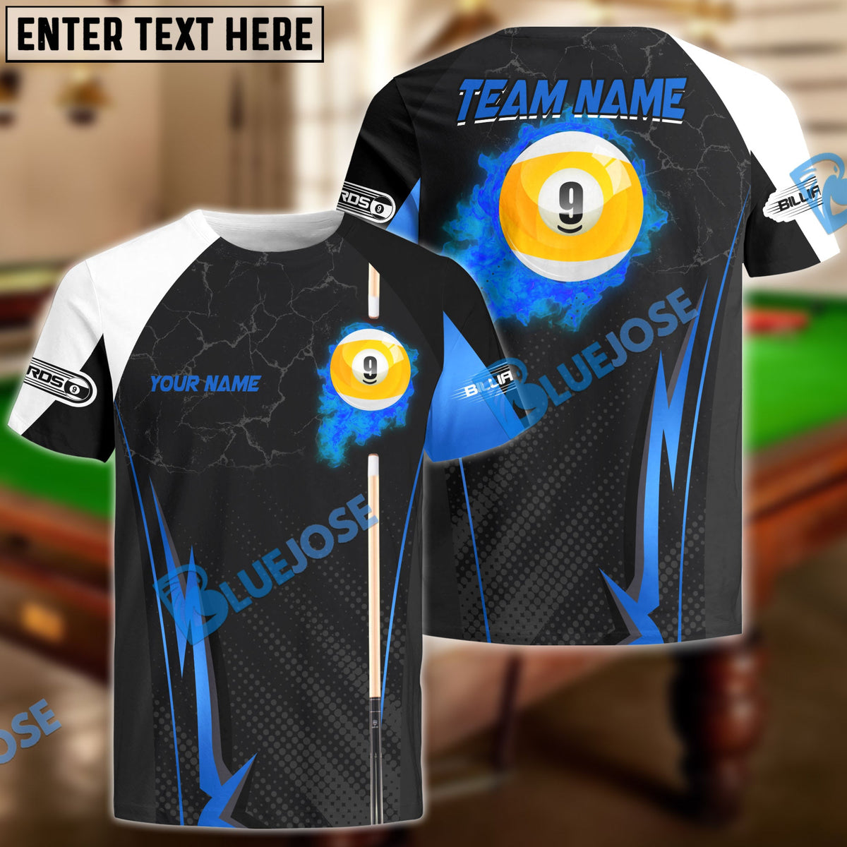 BlueJose Billiards Ball 9 Fire Cue Personalized Name, Team Name Unisex Shirt (4 Colors)