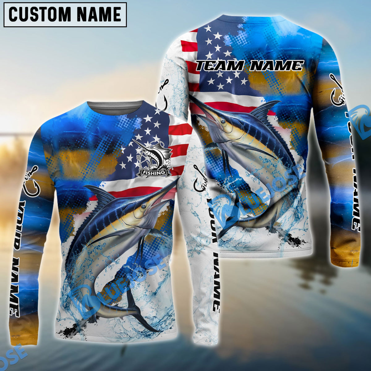 Bluejose Marlin Fishing Skin Patriotic Water Splash Custom Name &amp; Team Name 3D Shirts