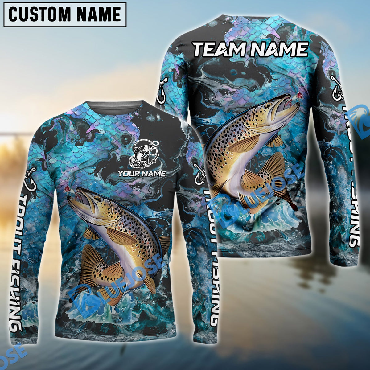 Bluejose Trout Fishing Blue Fishing Skin Pattern Name &amp; Team Name 3D Shirts