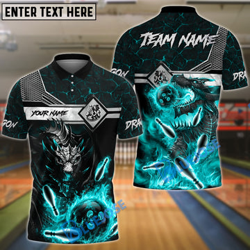 BlueJose Bowling Ball & Pins Fire Dragon Customized Name, Team Name 3D Shirt (4 Colors)