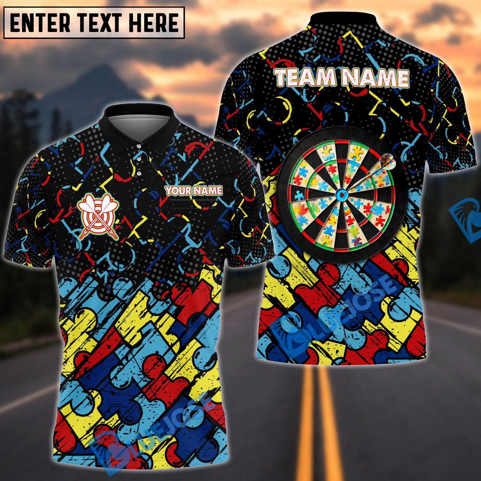 BlueJose Darts Autism Awareness Puzzle Customized Name, Team Name 3D Shirt