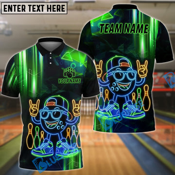 BlueJose Bowling Neon Cartoon Ball Cyber Glow Customized Name, Team Name 3D Shirt (4 Colors)