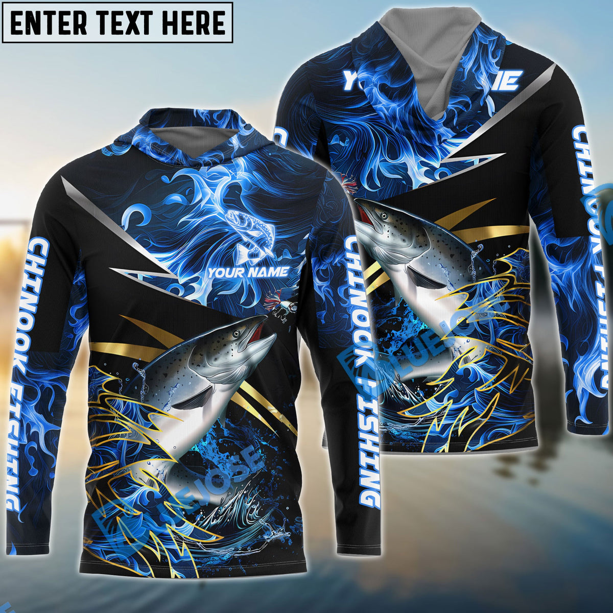 Bluejose Salmon Fishing Blue Flame Premium Golden &amp; Silver Line Pattern Custom Name &amp; Team Name 3D Shirts