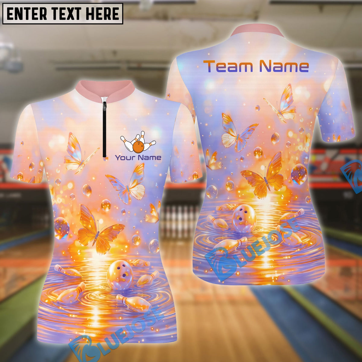 BlueJose Bowling And Pins Butterfly Dream Pastel Fantasy Glow Design Customized Name, Team Name 3D Shirt (4 Colors)