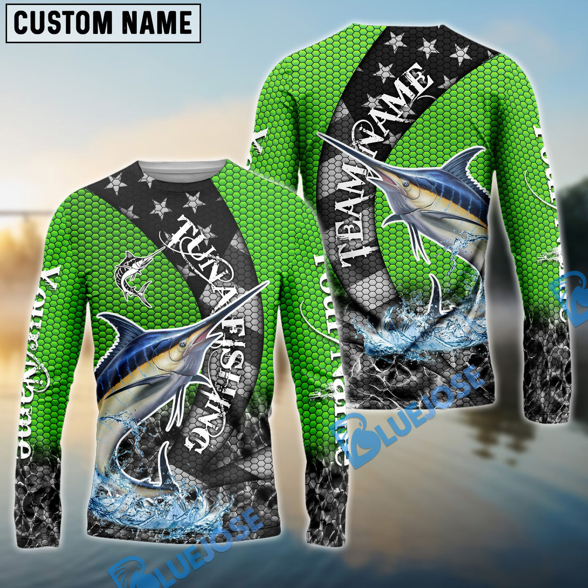 Bluejose Marlin Fishing American Flag Green Stars Custom Name &amp; Team Name 3D Shirts