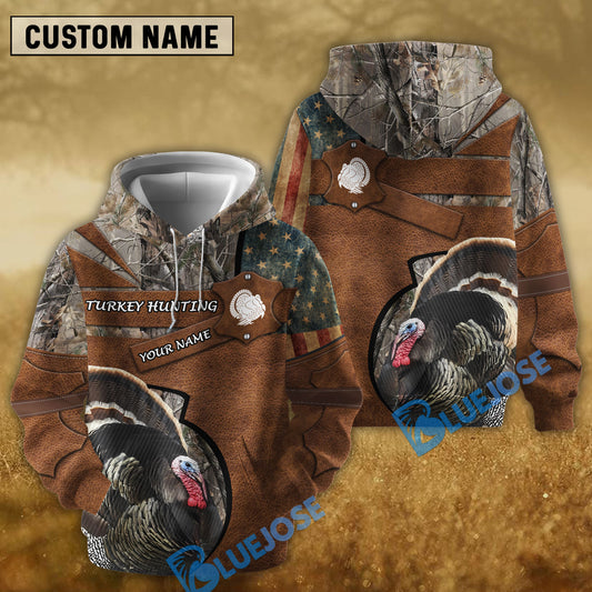 BlueJose Brown Turkey Hunting USA Flag Retro Customized Name 3D Shirt