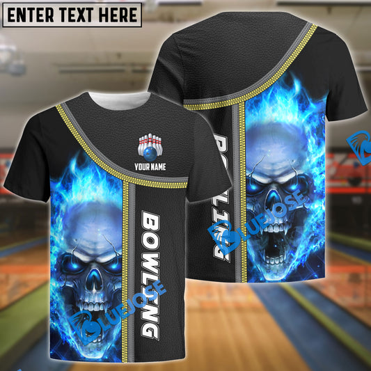 BlueJoses Bowling Cyan Flame Skull Pattern Customized Name 3D Shirt