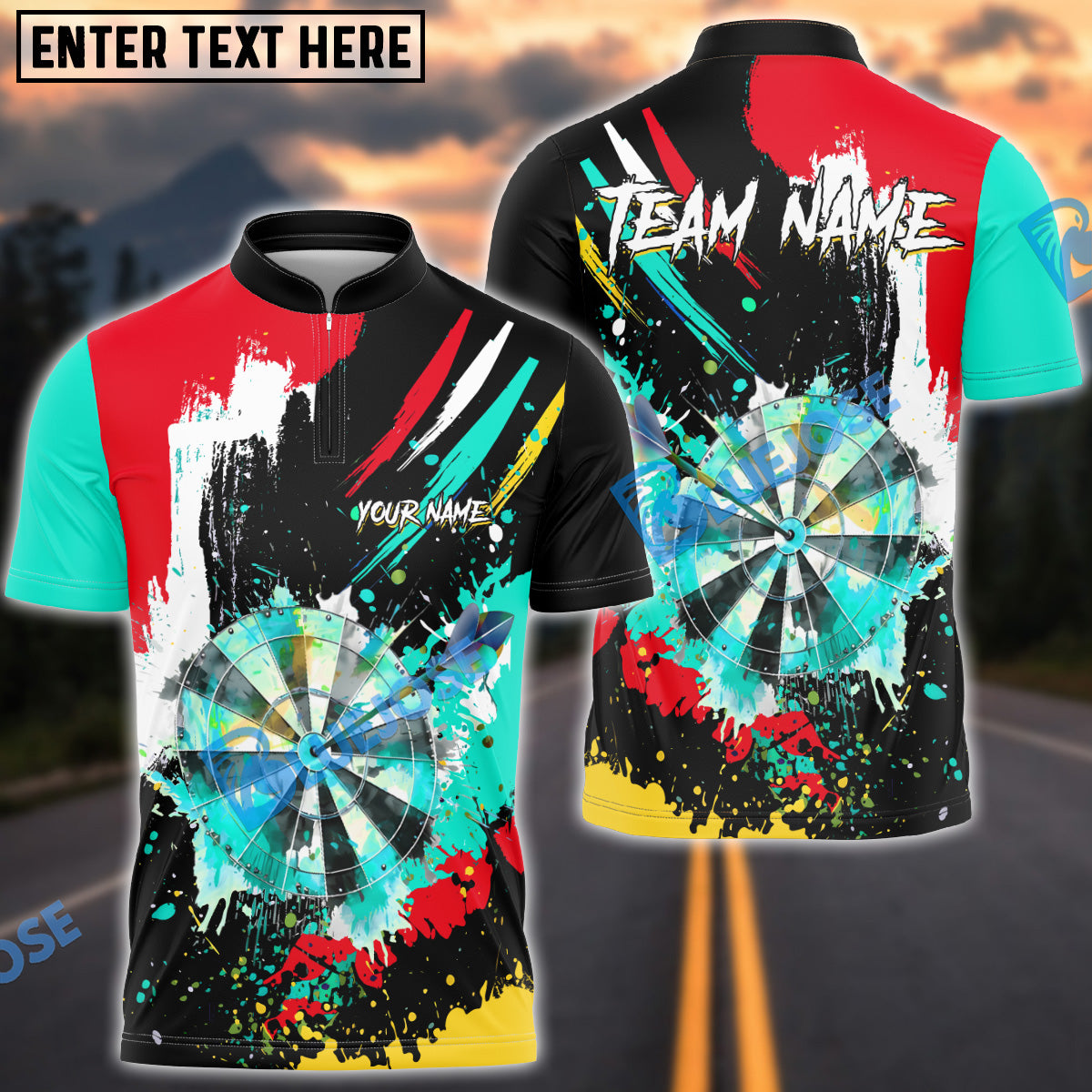 BlueJose Darts Colorful Paint Style Multicolor Options Personalized Name Shirt (4 Colors)