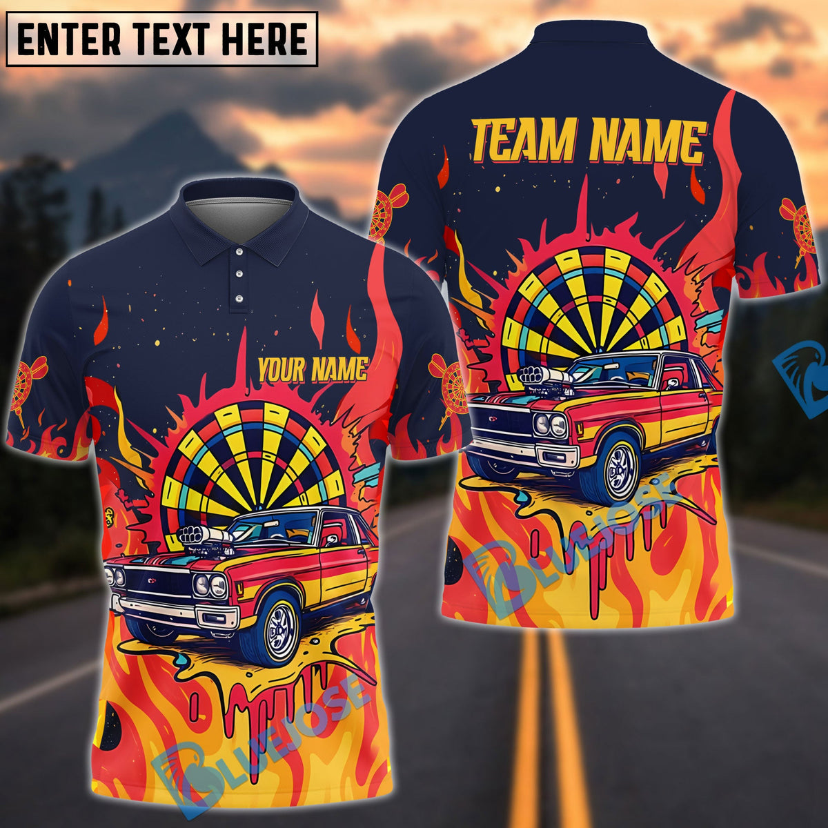 BlueJose Darts Hot Rod Inferno Personalized Name, Team Name Shirt (4 Colors)
