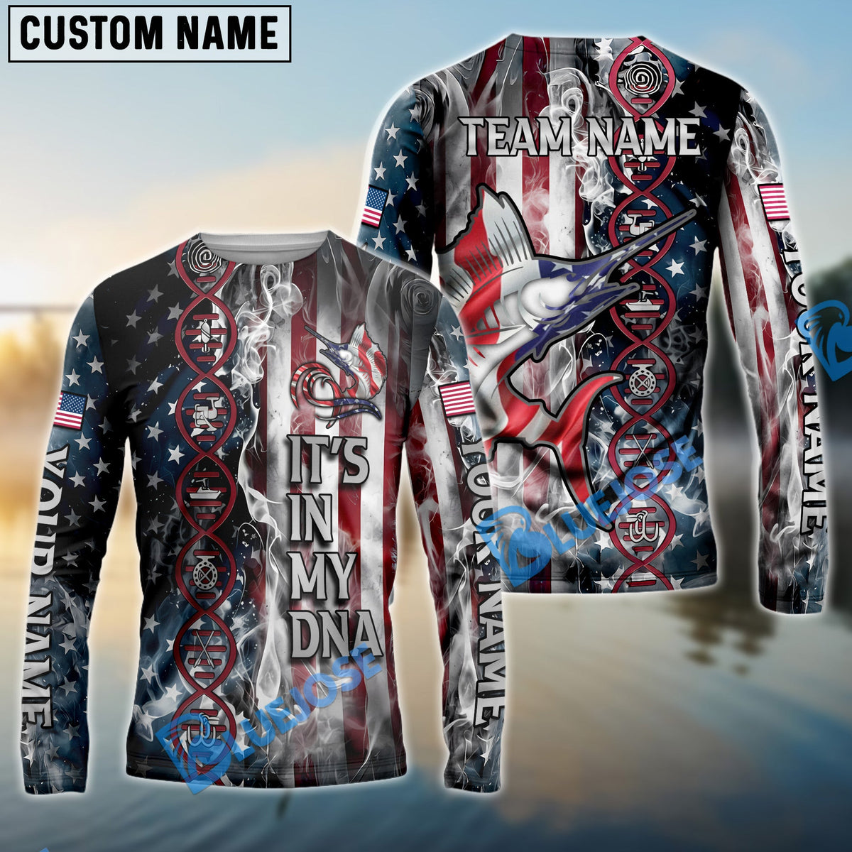 Bluejose Marlin Fishing American Flag Smoke &amp; Red DNA Helix Firefighter Icons Custom Name &amp; Team Name 3D Shirts