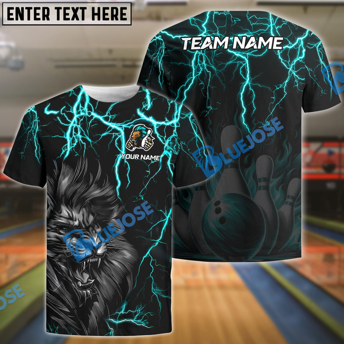 BlueJose Bowling And Pins Lion Thunder Lightning Customized Name, Team Name 3D Shirt (4 Colors)