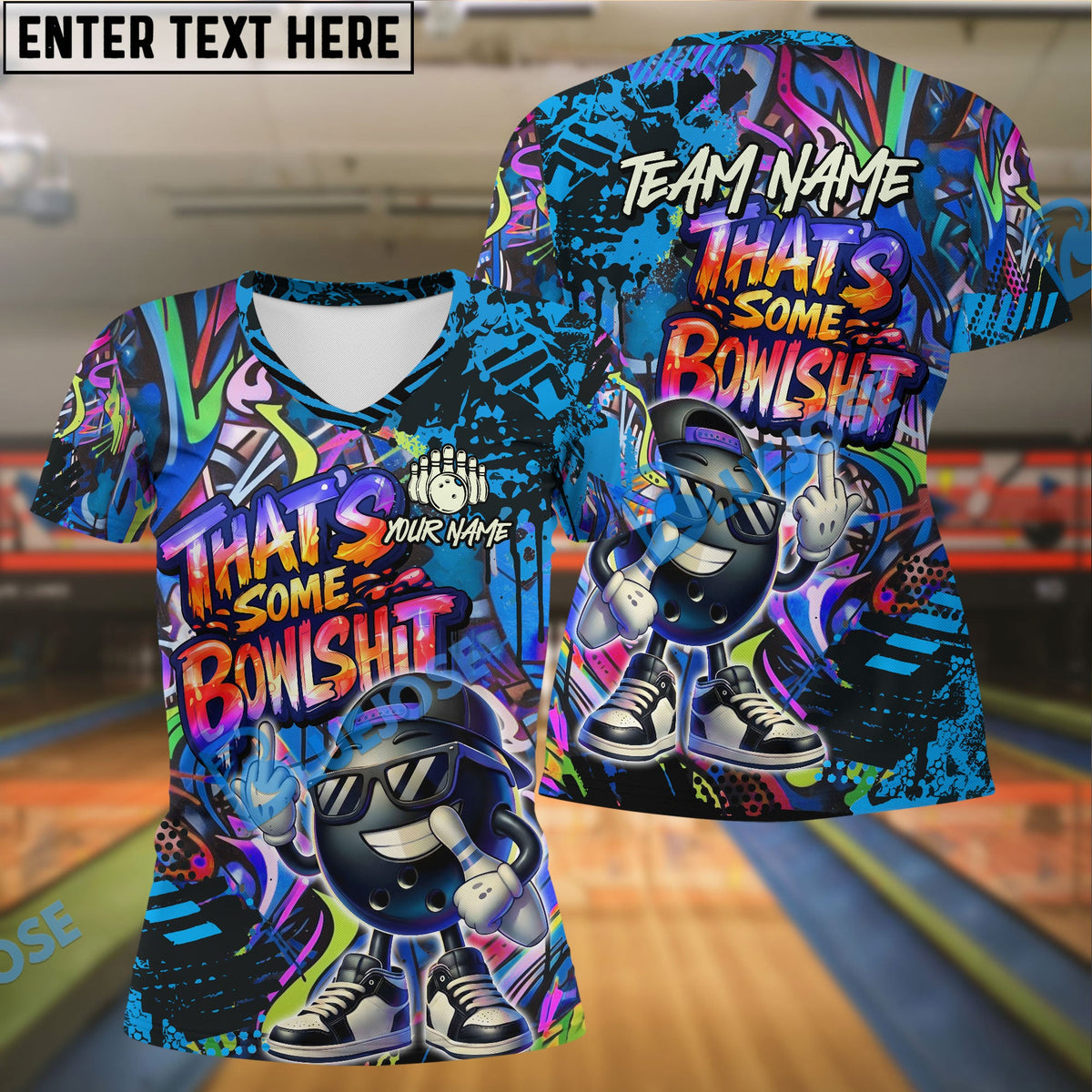 BlueJose Bowling & Pins  Funny Graffiti Cool Cartoon Street Art Design That's Some Bowlshit Customized Name, Team Name 3D Shirt (4 Colors)
