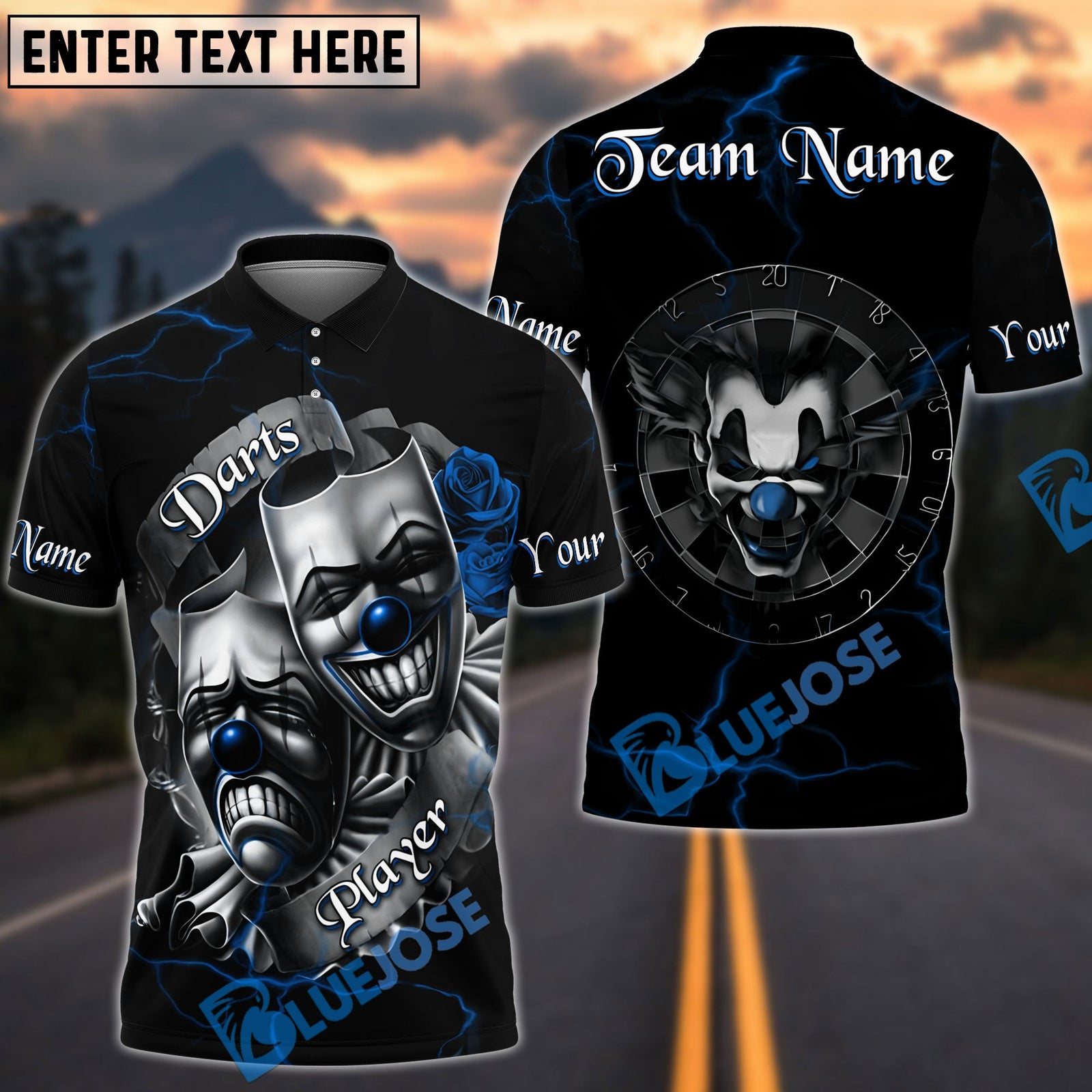 BlueJose Darts Evil Clown & Mask Design Multicolor Options Personalized Name Shirt (4 Colors)