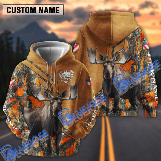 BlueJose Personalized Name Moose Hunting USA Camo Flag Leather Pattern 3D Shirts ( 3 Colors )