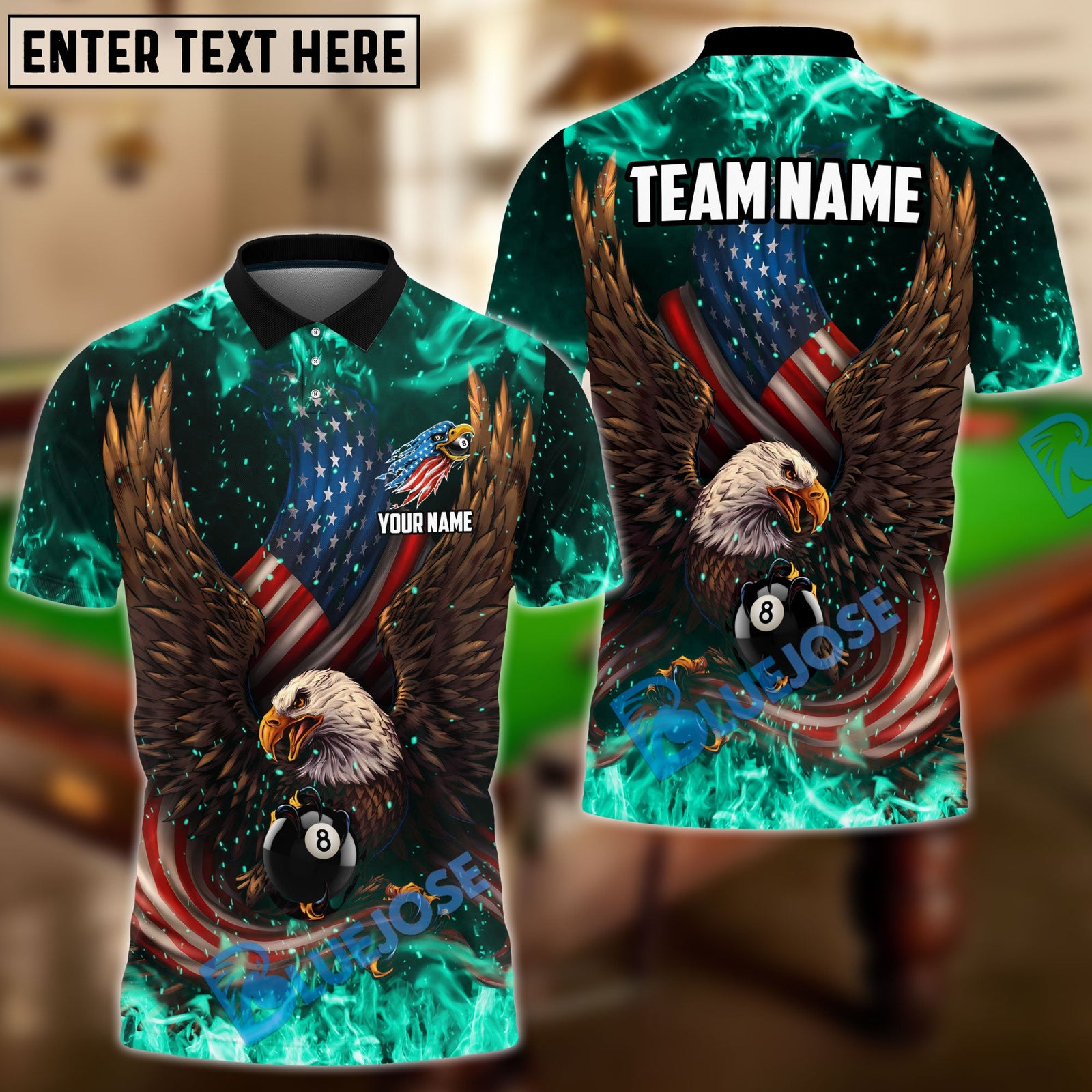 BlueJose Billiards Ball 8 Eagle US Flag Pattern Personalized Name Shirt (6 Colors)