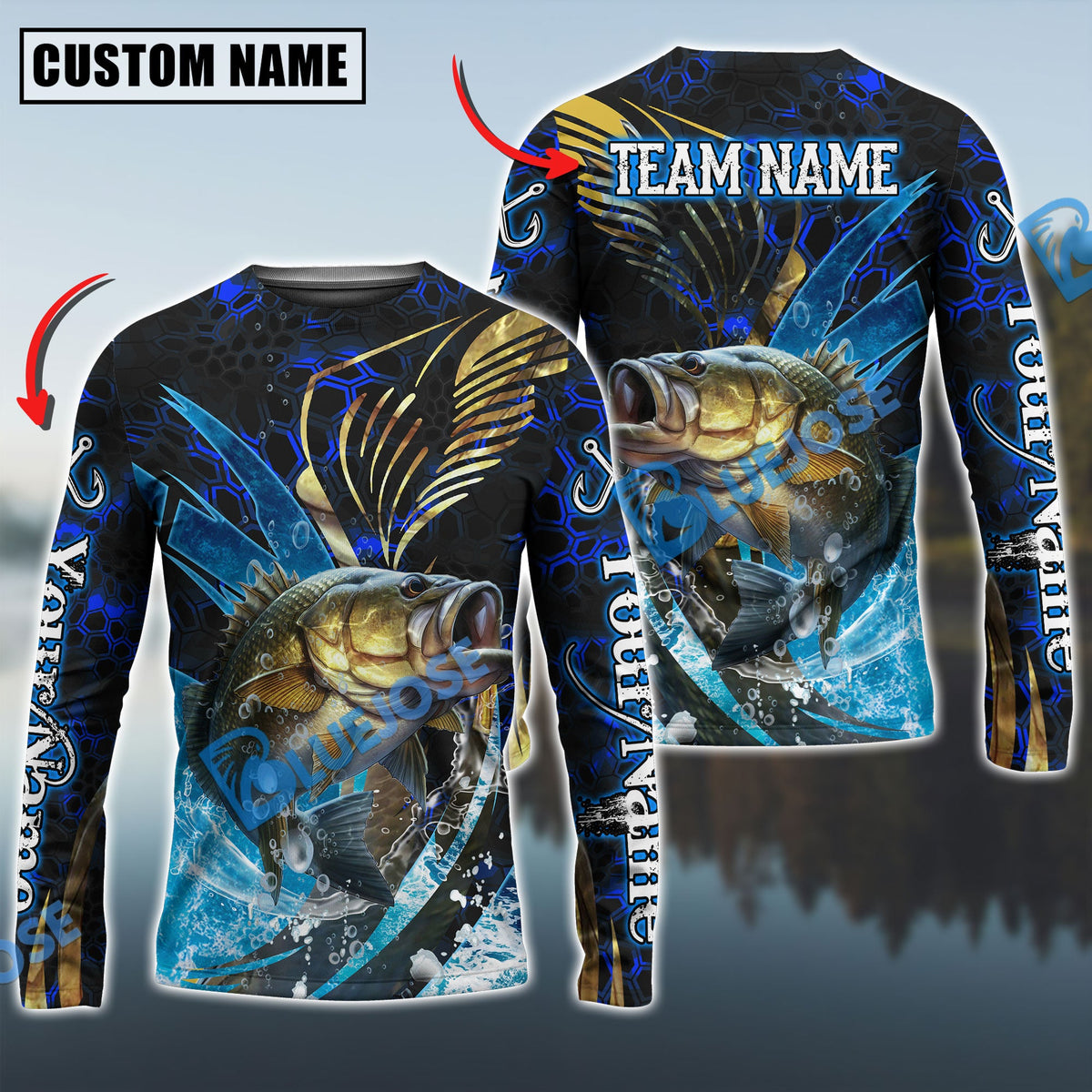 Bluejose Bass Fishing Tailored Tides Pattern Custom Name &amp; Team Name Shirts