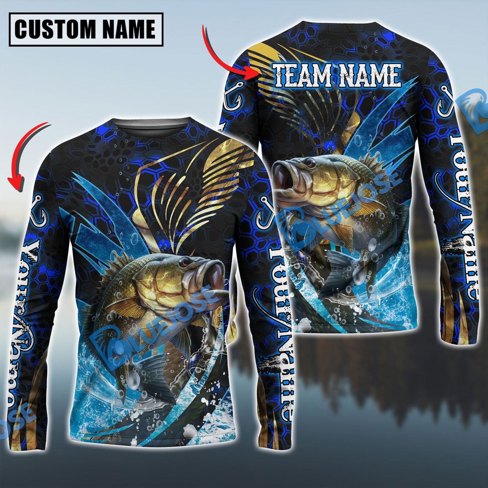 Bluejose Bass Fishing Tailored Tides Pattern Custom Name & Team Name Shirts