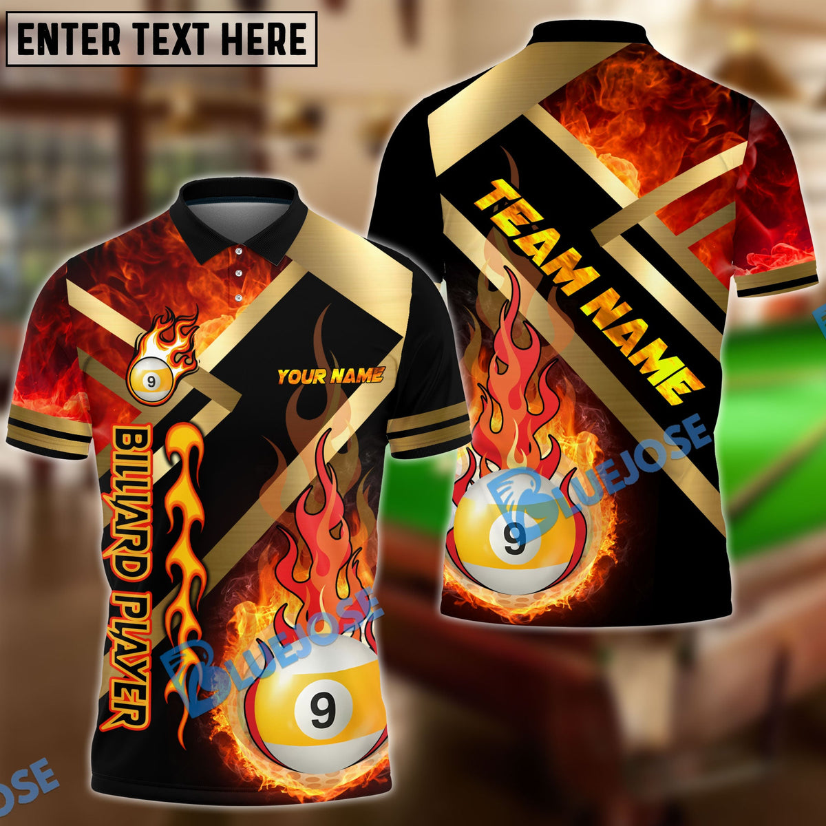 BlueJose Billiards Ball 9 Metal And Fire Flame Personalized Name, Team Name Shirt (4 Colors)