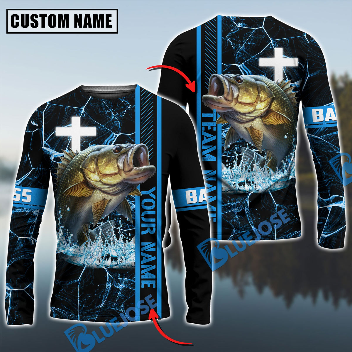Bluejose Bass Fishing Blue Cross Pattern Custom Name &amp; Team Name 3D Shirts