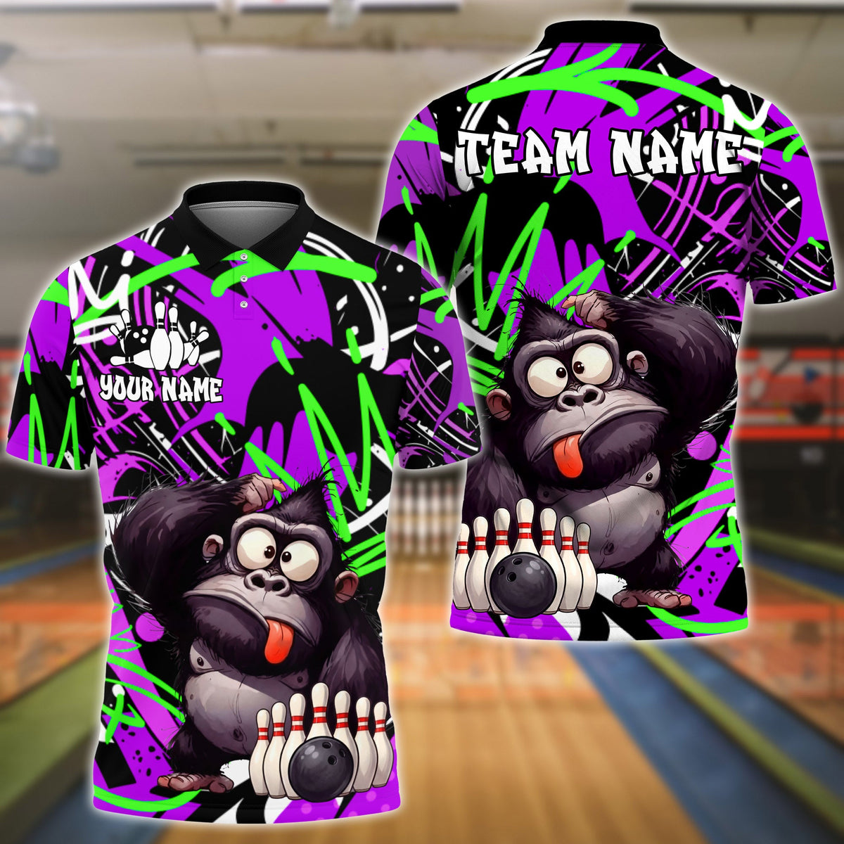 BlueJose Bowling &amp; Pins Funny Gorilla Character Graffiti Splash Customized Name, Team Name 3D Shirt (4 Colors)