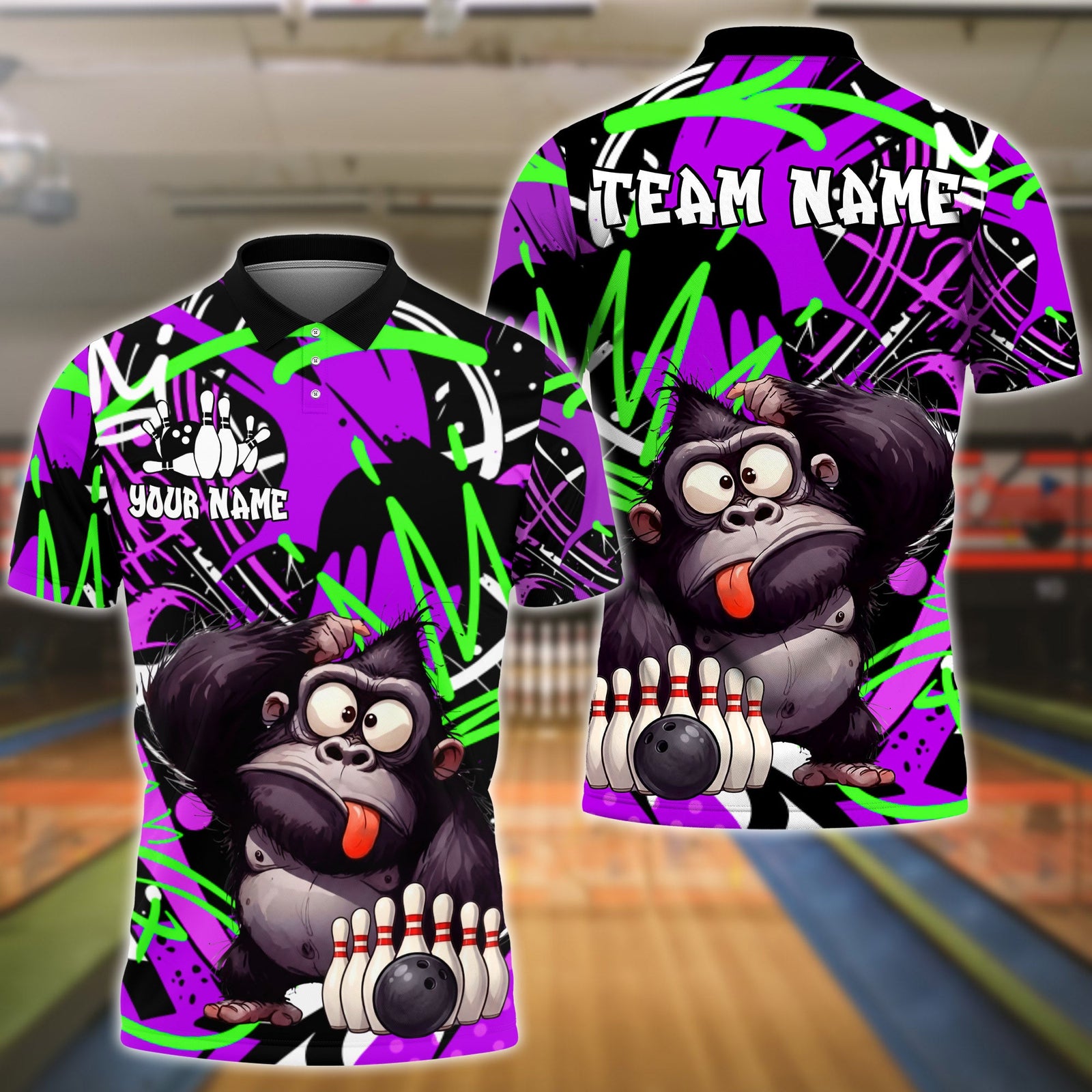 BlueJose Bowling & Pins Funny Gorilla Character Graffiti Splash Customized Name, Team Name 3D Shirt (4 Colors)
