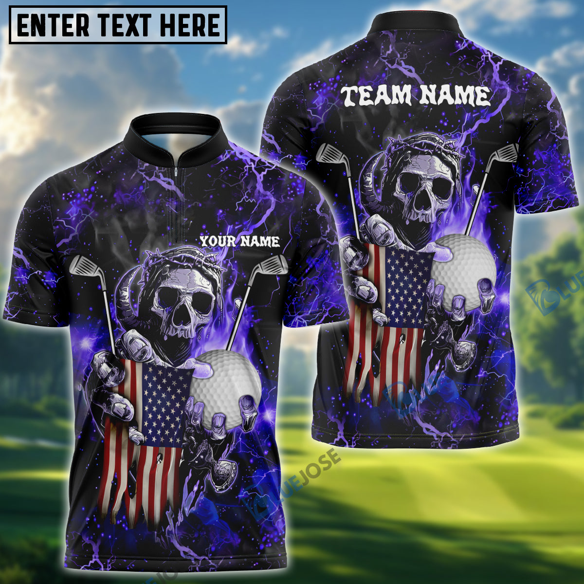 BlueJose Golf Fire Skull US Flag Customized Name, Team Name 3D Shirts (6 Colors)