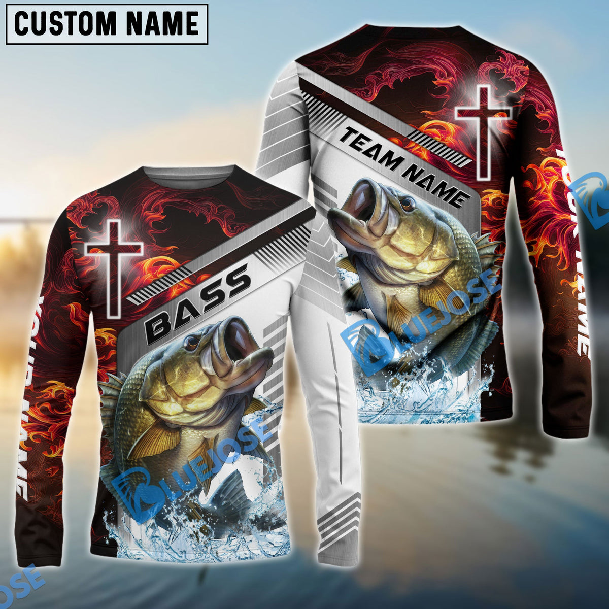 Bluejose Bass Fishing Red Flame With Cross Pattern Custom Name &amp; Team Name 3D Shirts