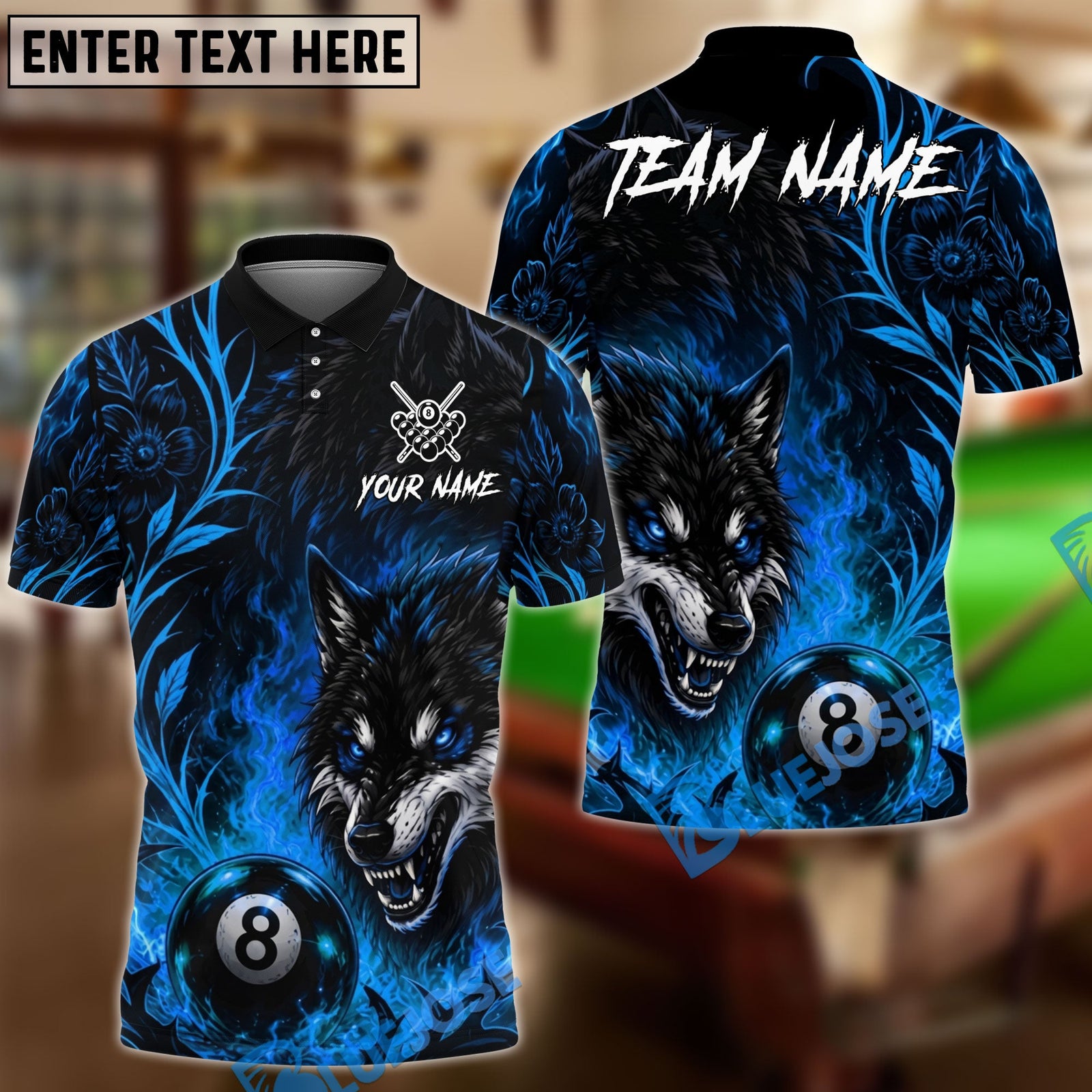 BlueJose Billiards 8 Ball Flame Flower Wolf Personalized Name Shirt (4 Colors)