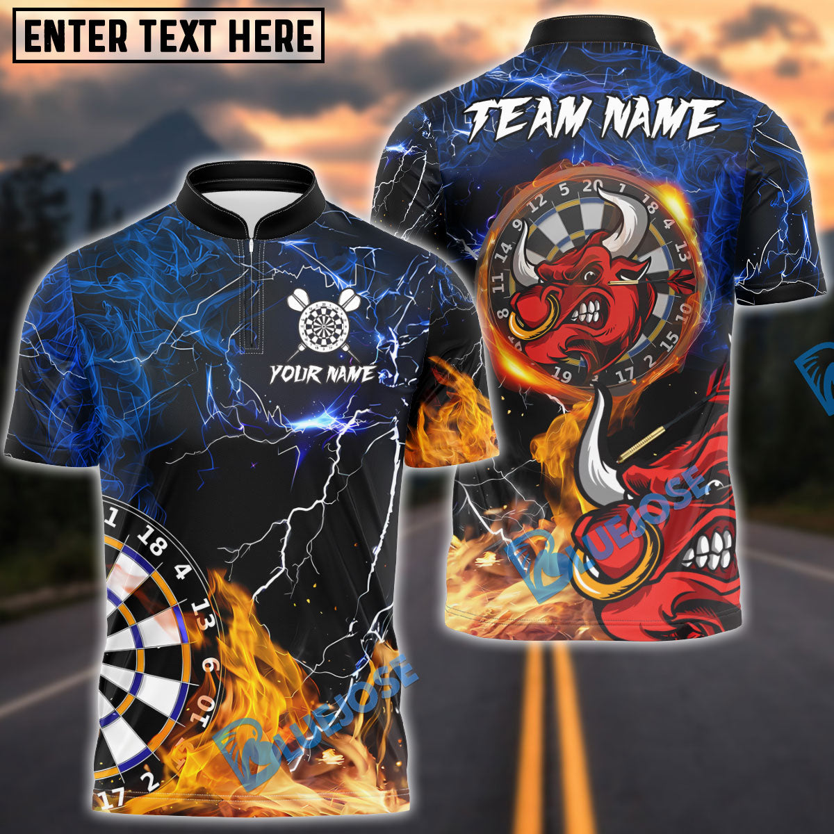 BlueJose Darts Bullseye Flame Thunder Personalized Name, Team Name Shirt (4 Colors)
