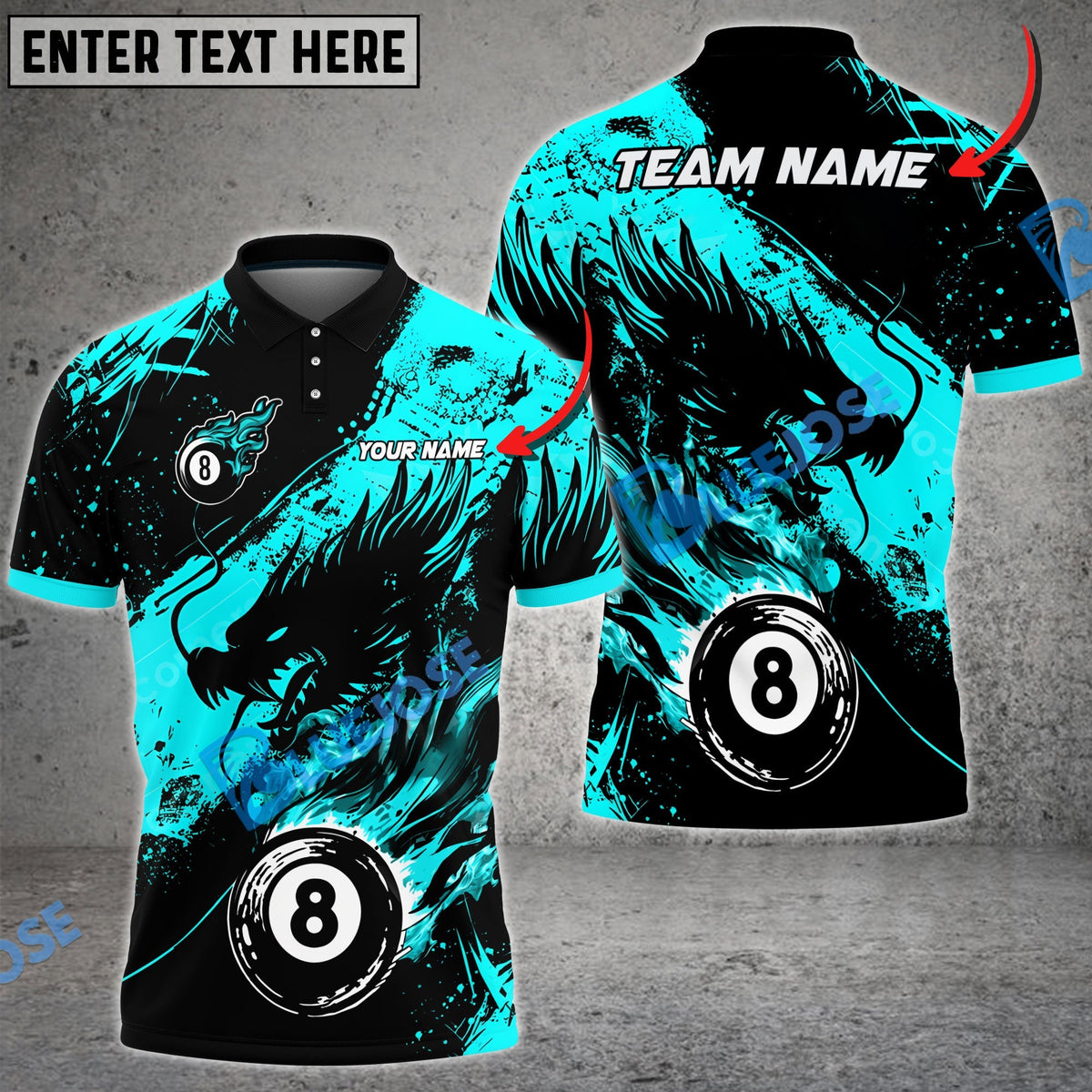 BlueJose Billiards Ball 8 Ink Fire Dragon Personalized Name Shirt (6 Colors)