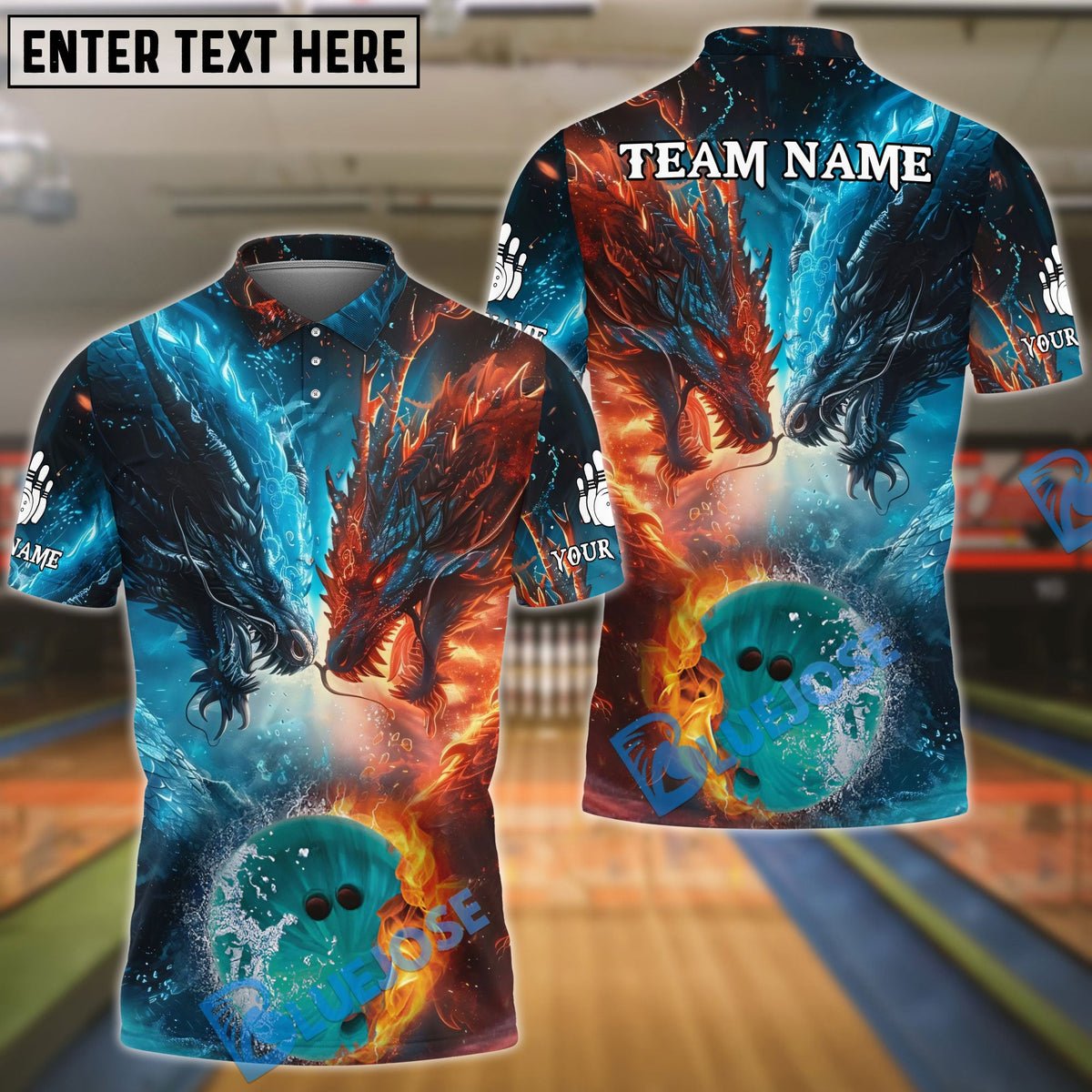 BlueJose Bowling Water Dragon &amp; Fire Dragon Customized Name, Team Name 3D Shirt For Kids