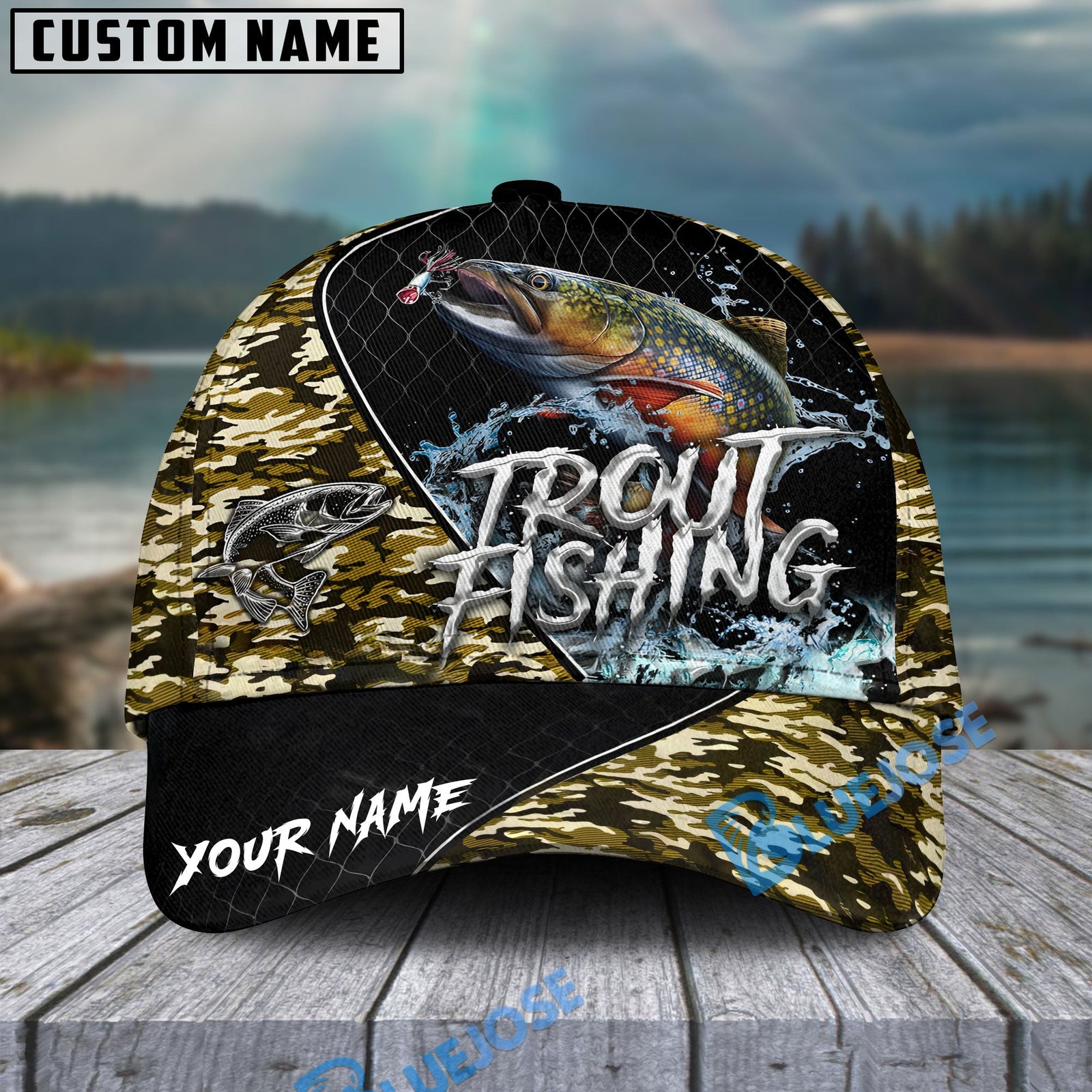 BlueJose Trout Fishing Camo Grid Water Pattern Personalized Cap