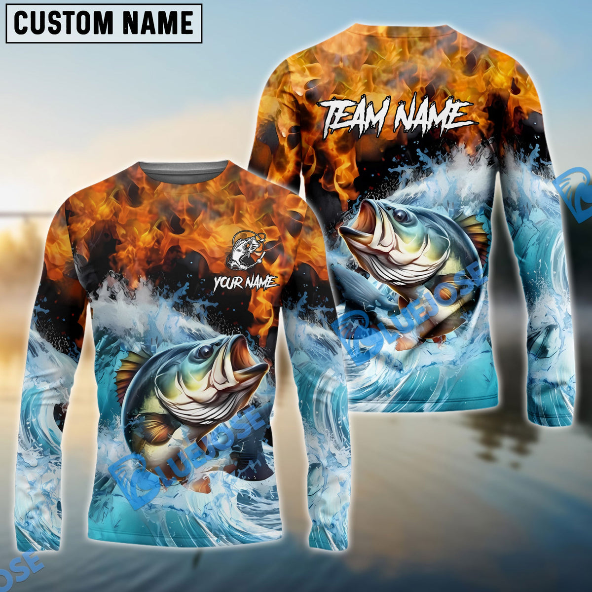 Bluejose Bass Fishing Sea Fire Design Name &amp; Team Name 3D Shirts