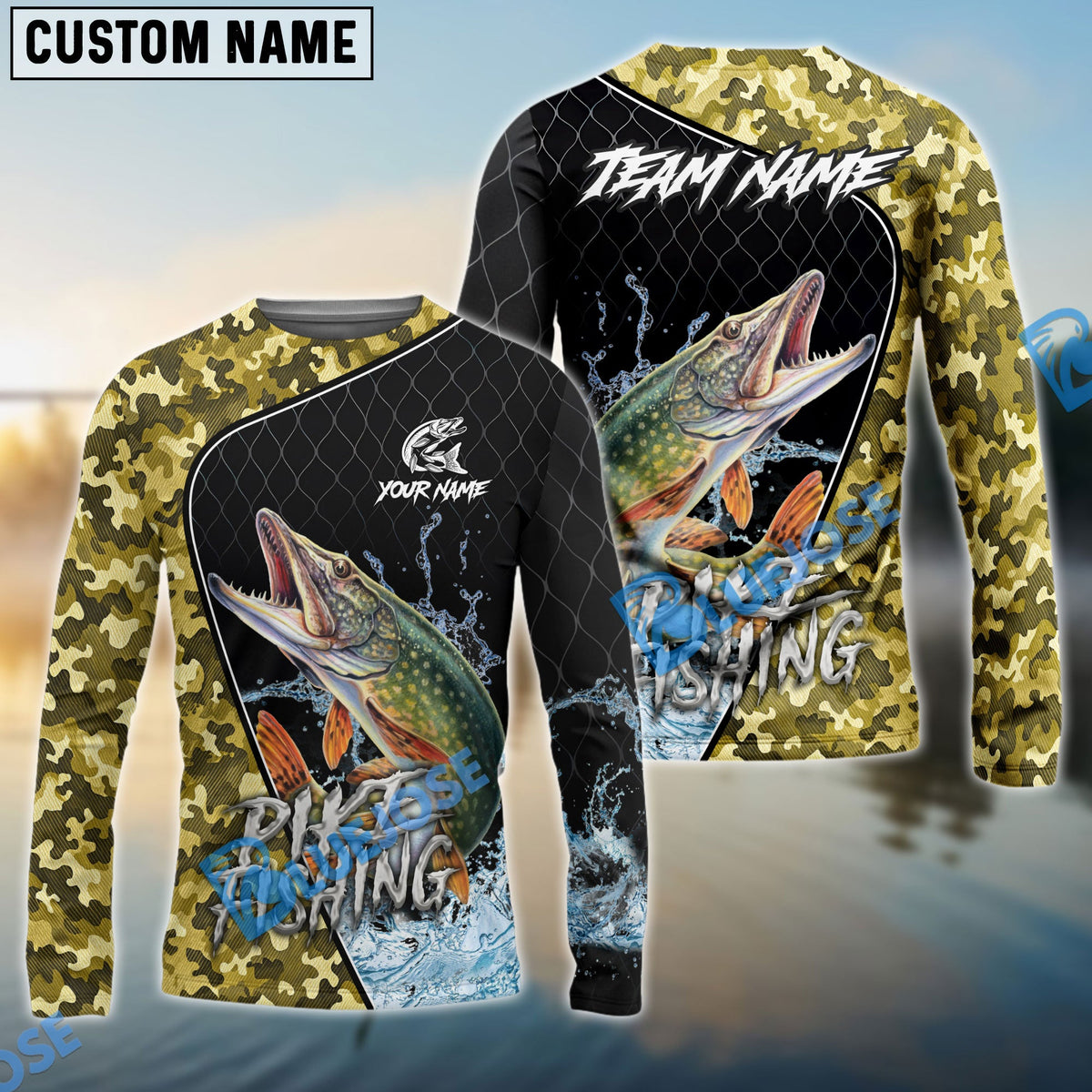 Bluejose Pike Fishing Camo Grid Water Pattern Graphic Custom Name &amp; Team Name 3D Shirts